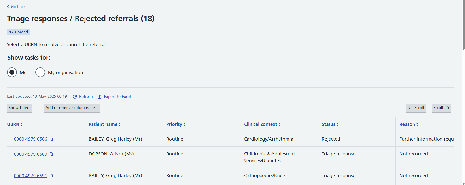 Image displays Triage response/Rejected referrals worklist