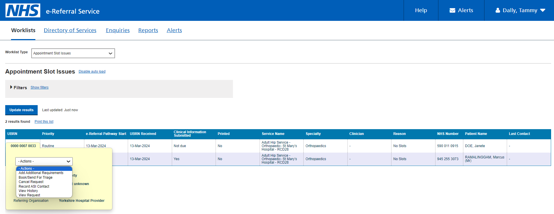 Appointment Slot Issue worklist screen