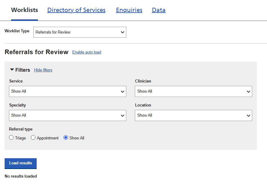 Screenshot of Referrals for Review worklist