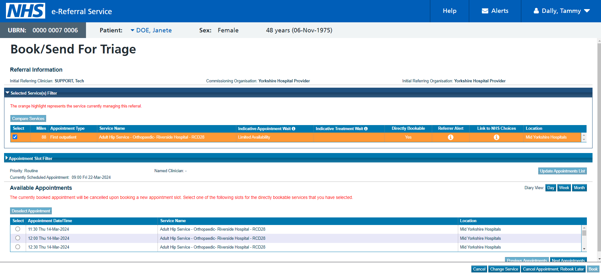 Book/Send for Triage screen
