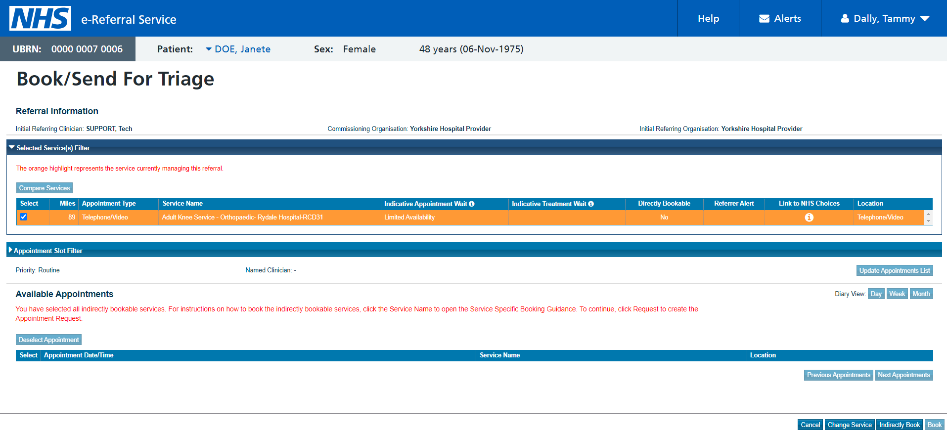 Book/Send for triage rebook screen