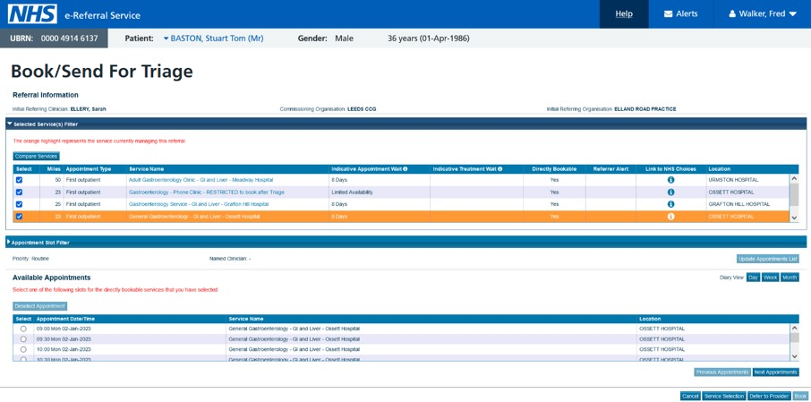 Book/Send for Triage Service selection screen