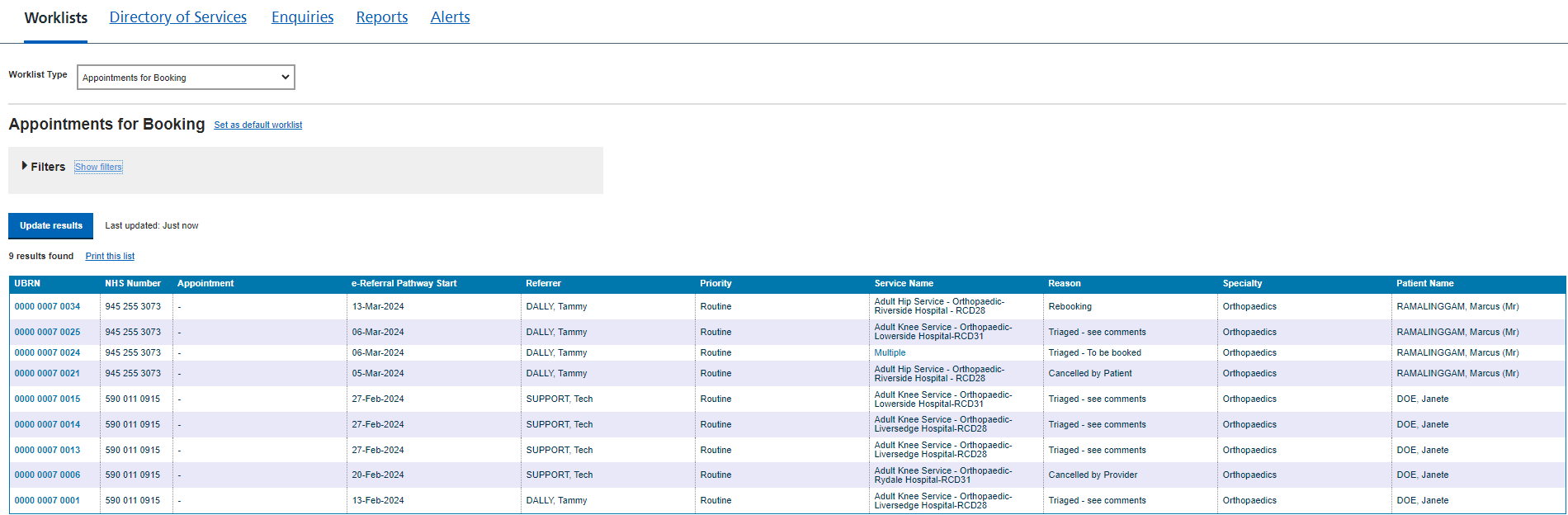 Appointment for Booking worklist screen