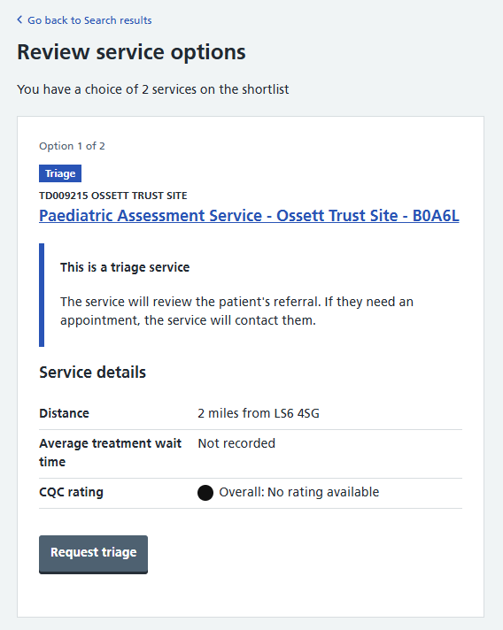 image 1 of 2 shows review service option screen with a triage service
