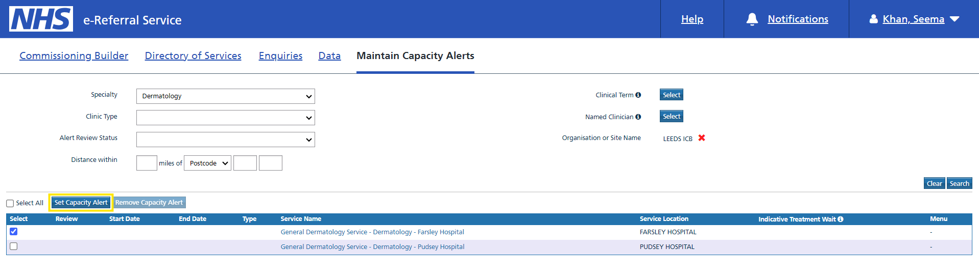 Maintain Capacity Alerts - Set Capacity Alert button screen