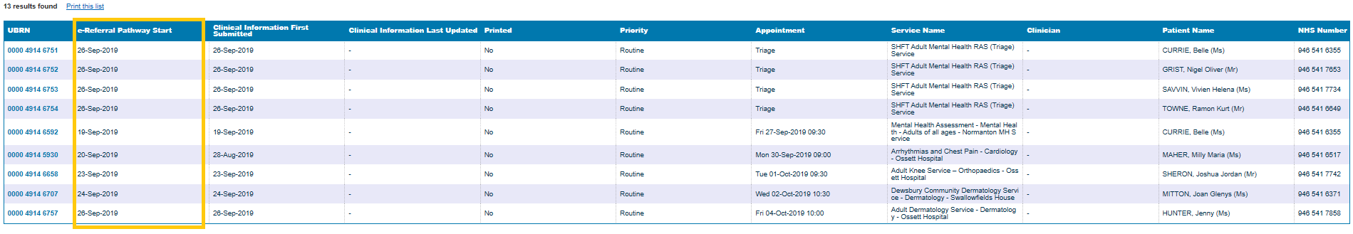 Screenshot showing the e-Referral pathway start date in the highlighted column