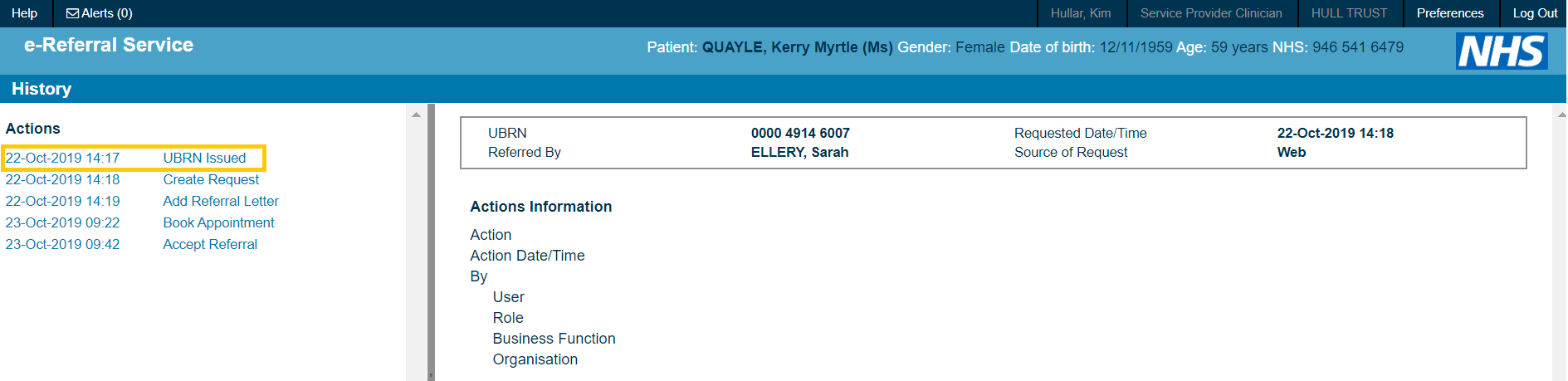 Screenshot showing the UBRN issued date