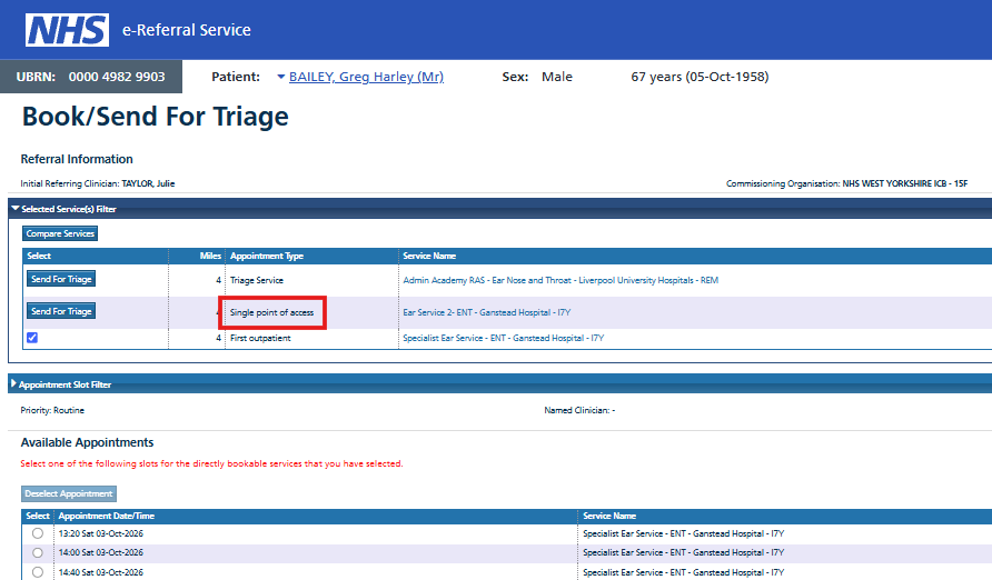 Image shows 'Single point of access' label in the appointment type column on provider's Book/Send for Triage screen