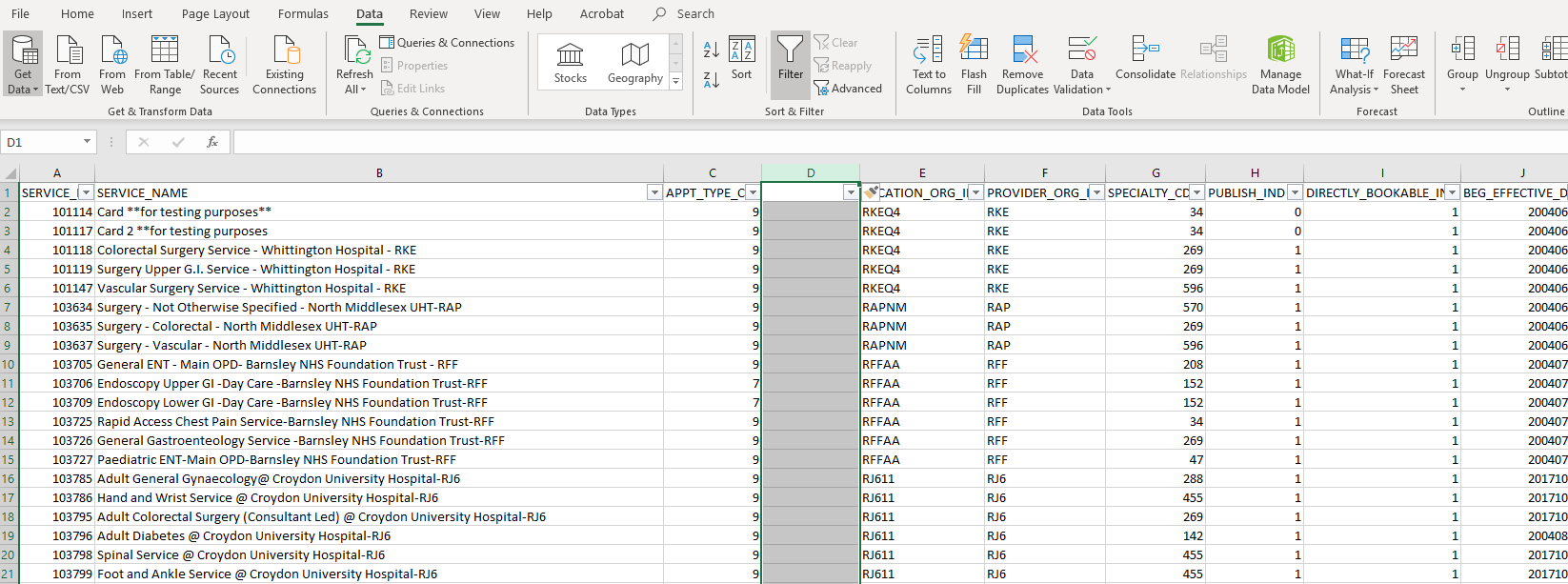 image of eRS screen showing how to insert a column in NHS eRS extracts
