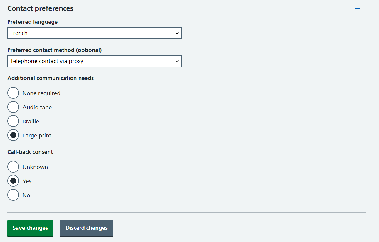 Image displays language options within preferences section in Update Person