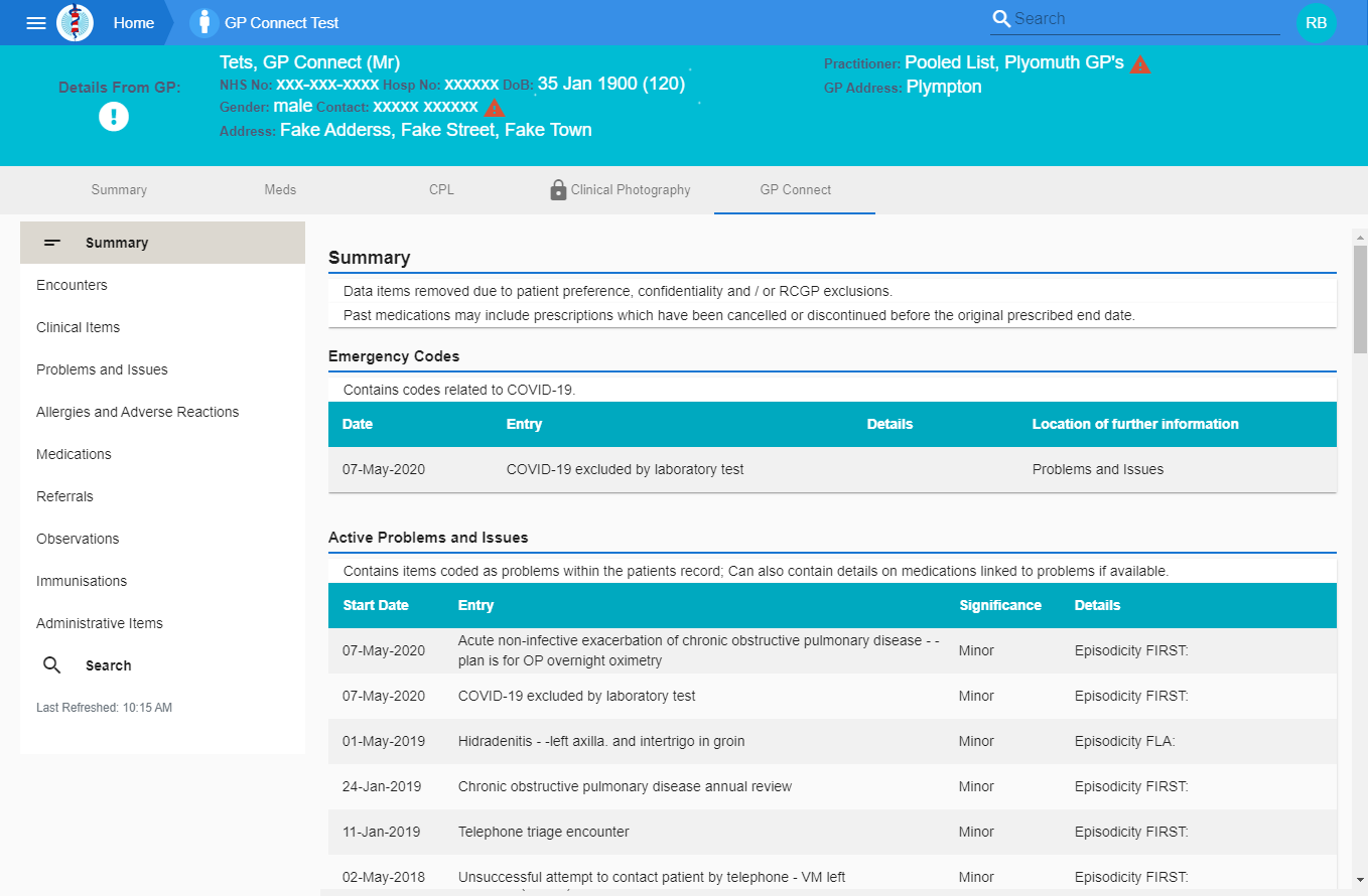Screenshot of a computer screen showing how a patient's GP records could would appear for clinicians