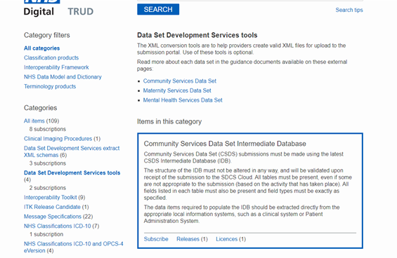 screen short of the data set development tools page with tools and subscribe highlighted
