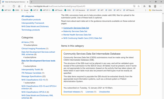 data set development portal screen with community services data set intermediate database section highlighted.