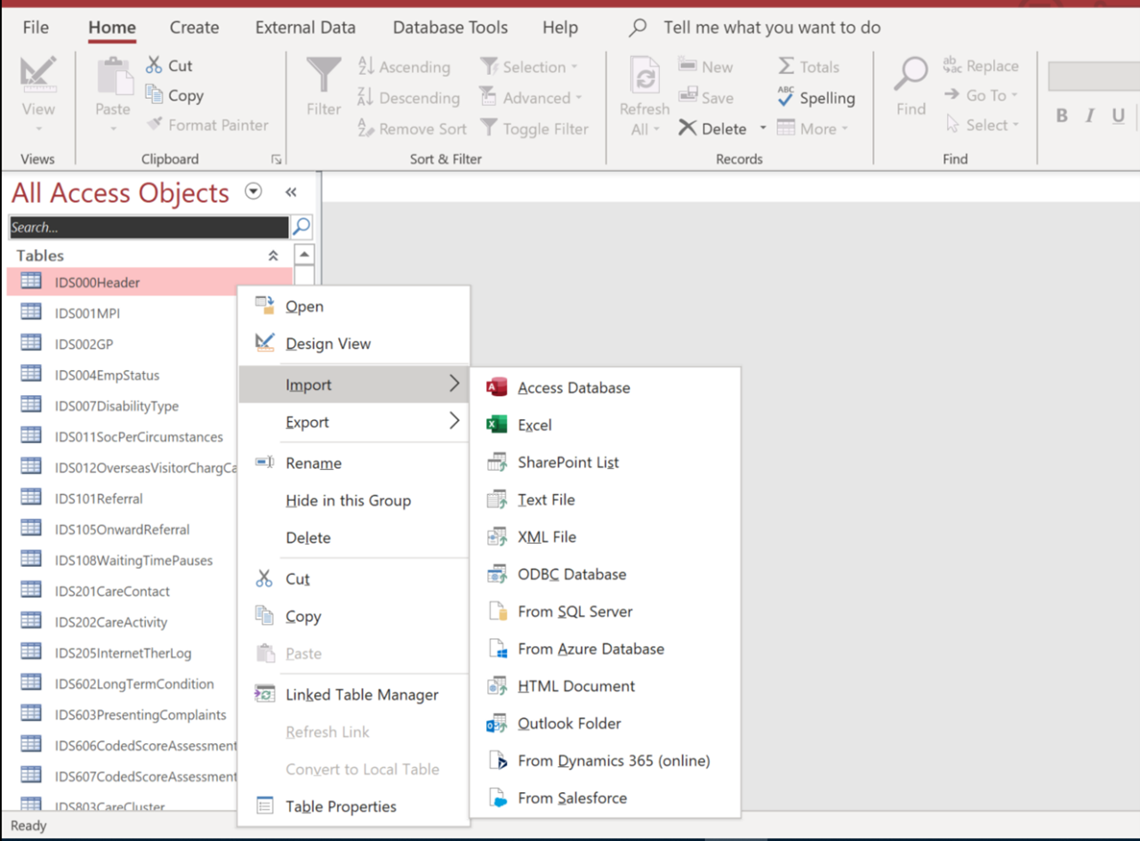 screen shot of the IDB page with all access objects highlighted on left hand side.