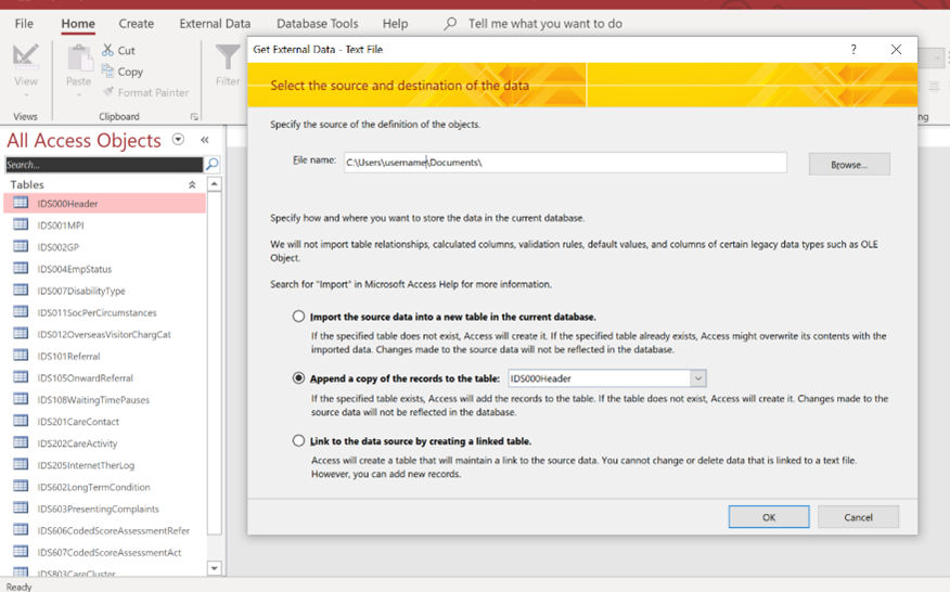 screen shot of access data base screen with get external data window open