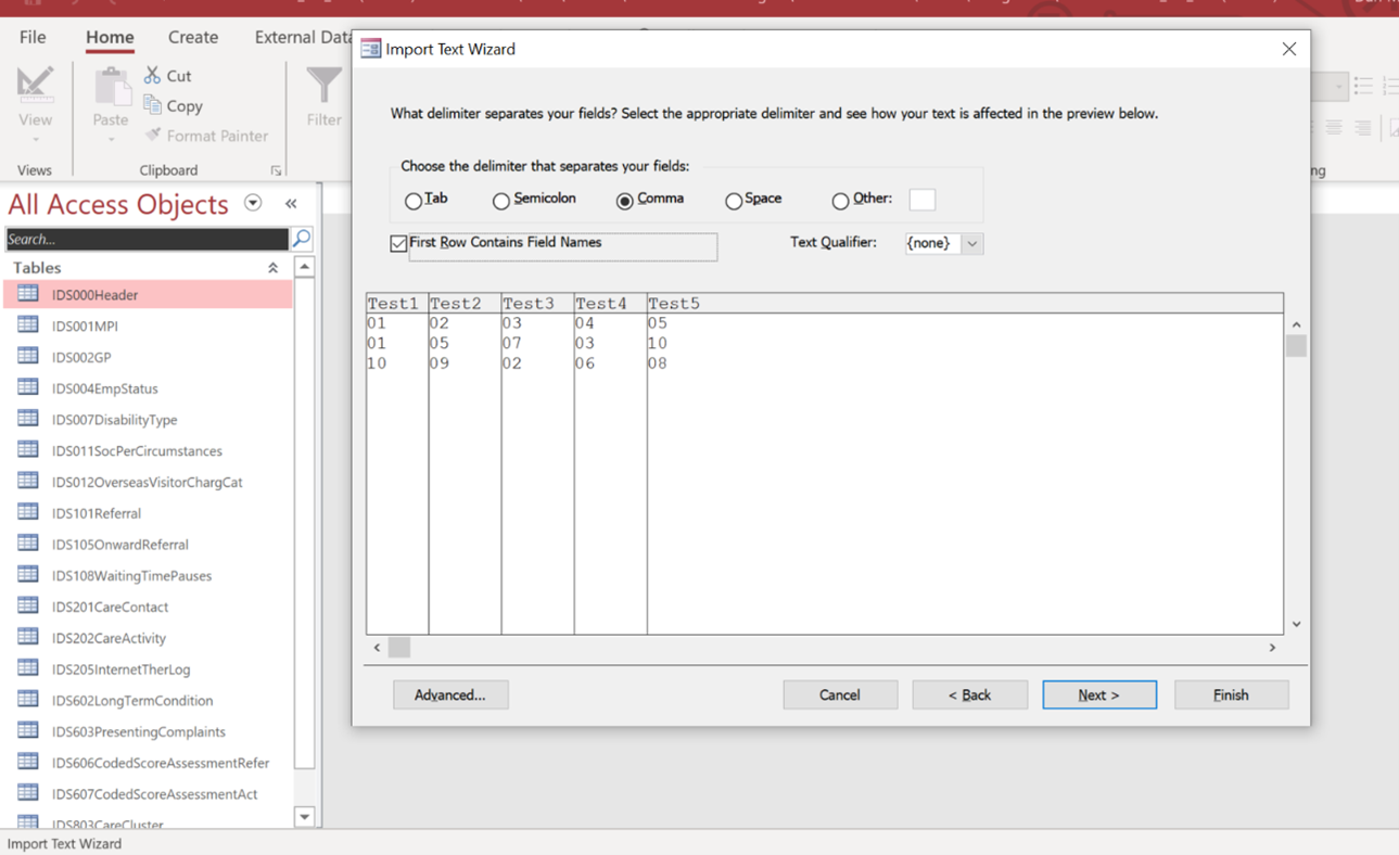 screen shot of import text wizard screen open