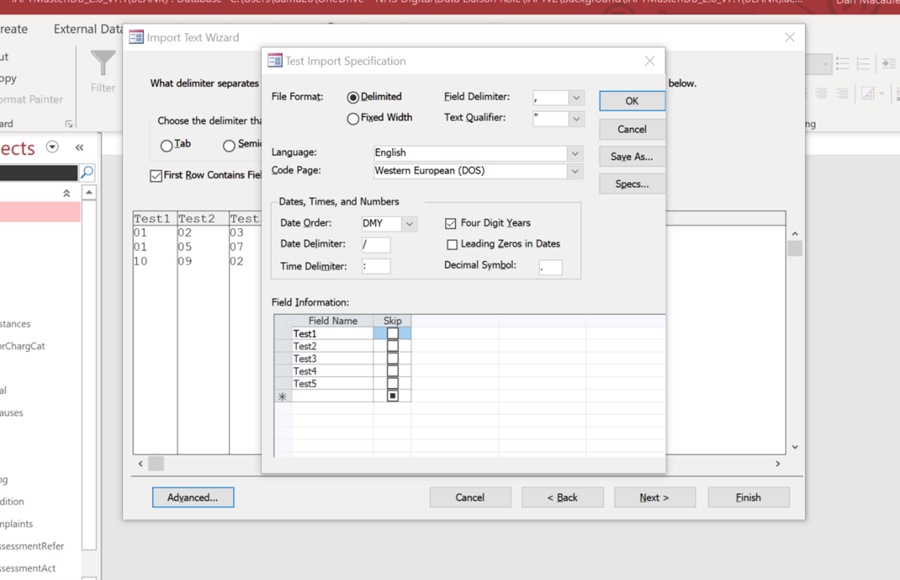 screen shot of import text wizard with test import specification screen open