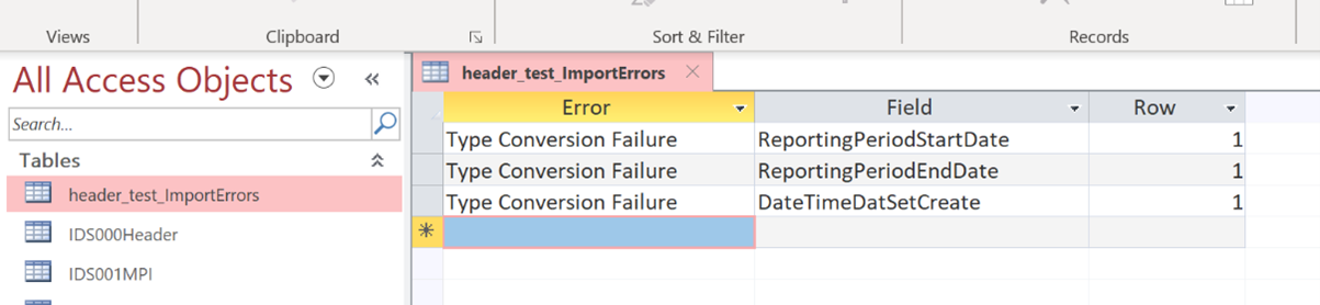 all access objects screen with header test import errors screen displayed
