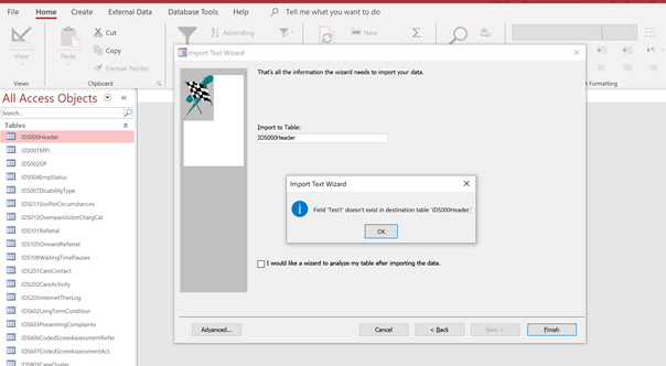 screen shot of import text wizard screen with field test doesnt exist in destination table open.