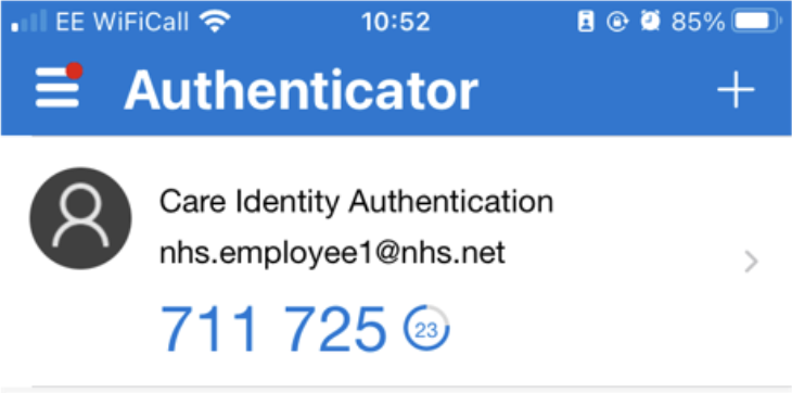 This graphic shows the Microsoft Authenticator app mobile interface indicating an account with Care Identity Service, specifically for the user with the email address nhs.employee1@nhs.net