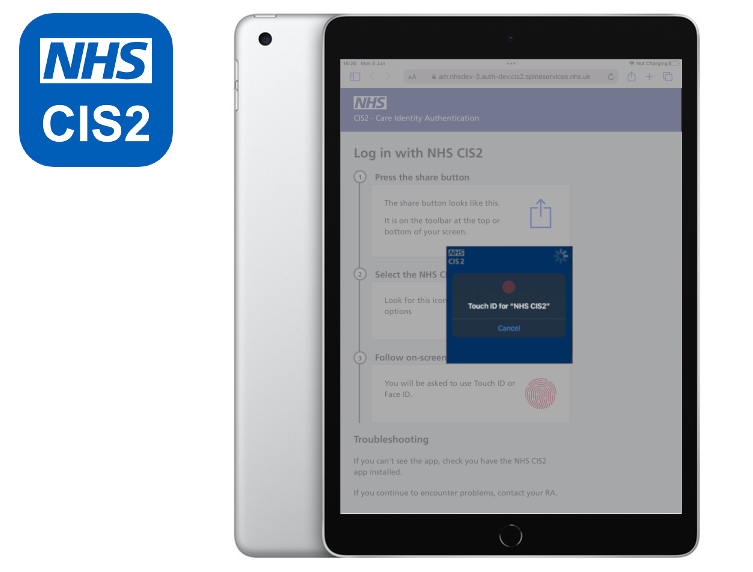 NHS CIS2 iPad app icon next to an iPad showing the NHS CIS2 authentication screen