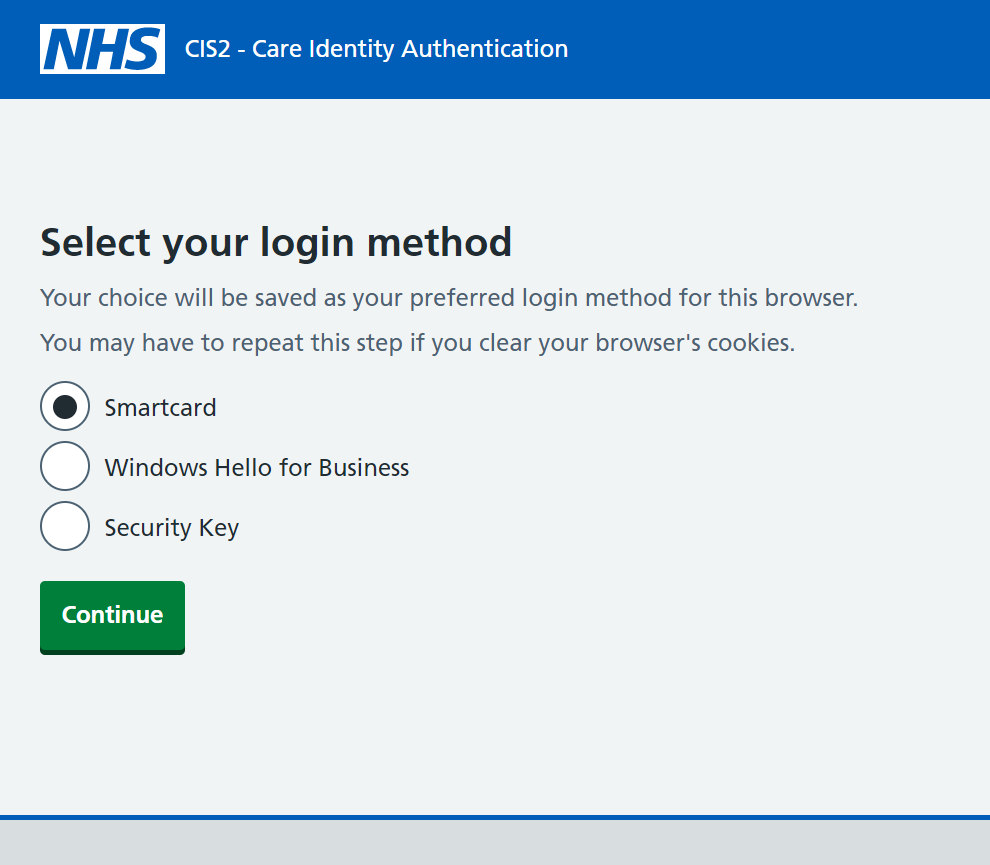Screenshot of the NHS CIS2 Authentication selection page with the Smartcard option selected