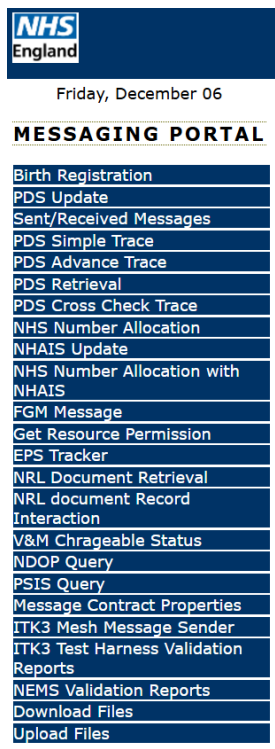 NHSE messaging portal menu