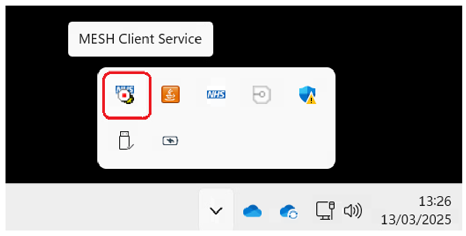 Screenshot showing MESH Client Service icon in the System Tray.
