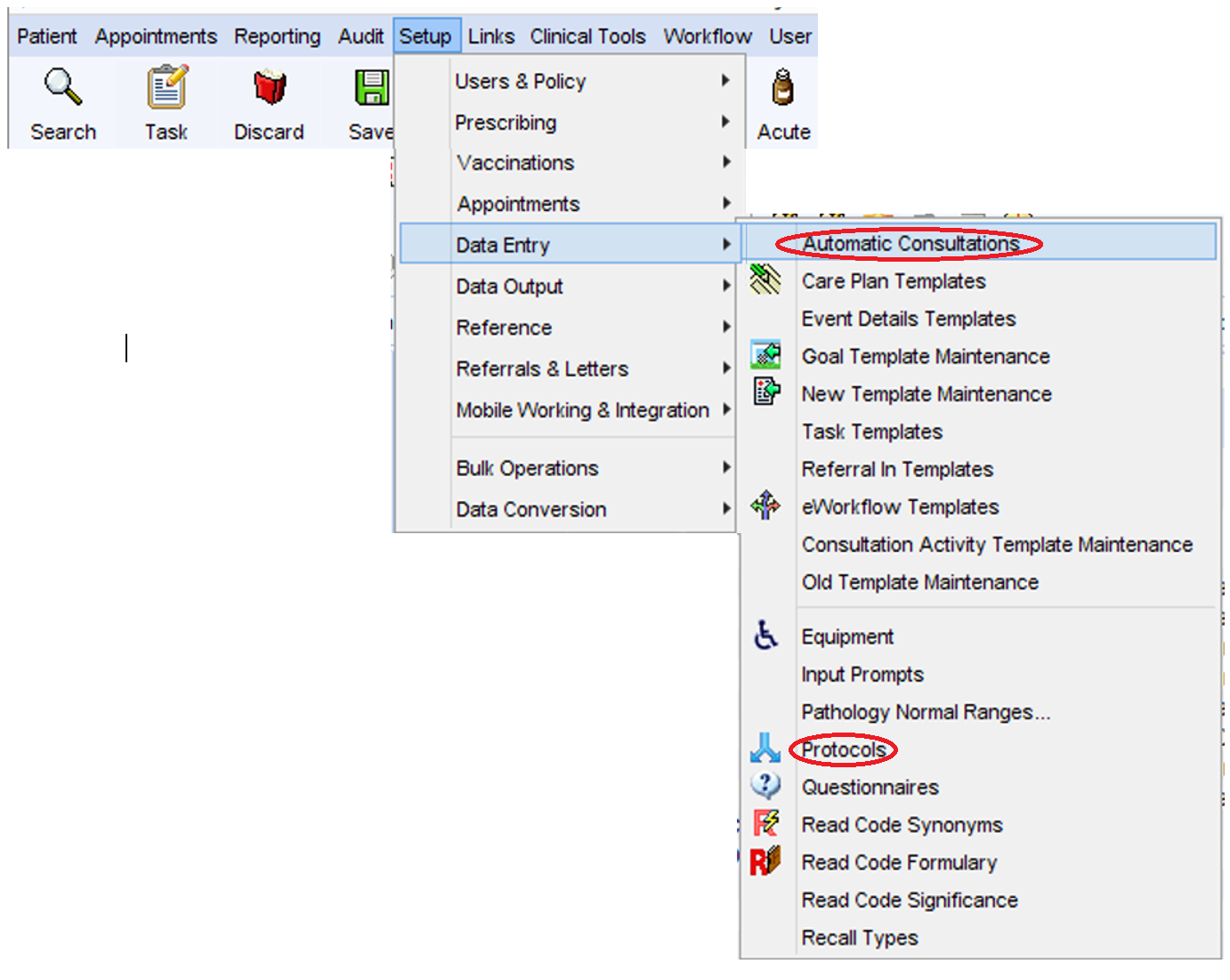 screenshot of TPP SystmOne showing automatic consultations and protocols options