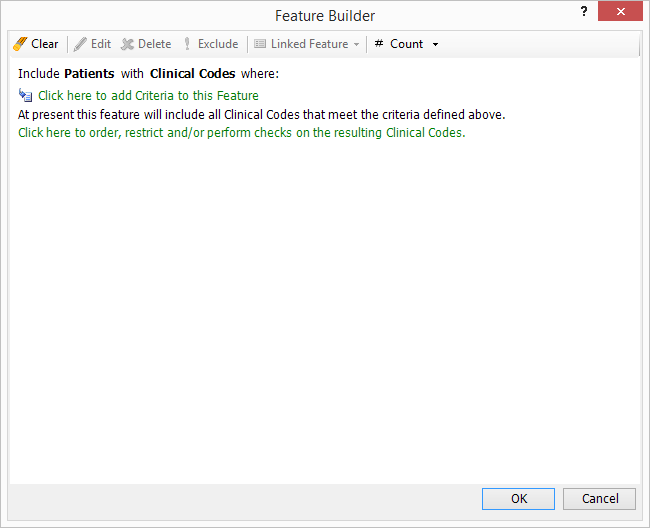 screenshot of using ‘Rules’ in the ‘Feature Builder’ to include criteria for Clinical Code, Order and Date Criteria. 