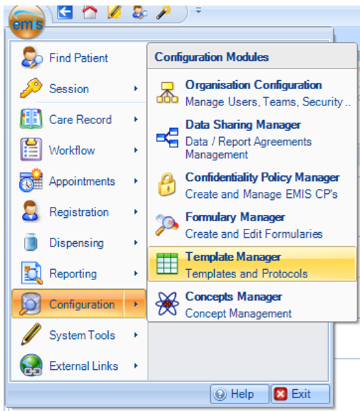 screenshot of EMIS with configuration and templates manager selected