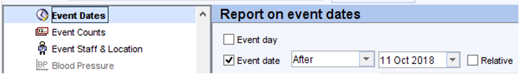 screenshot showing reporting on event dates and read coded entries