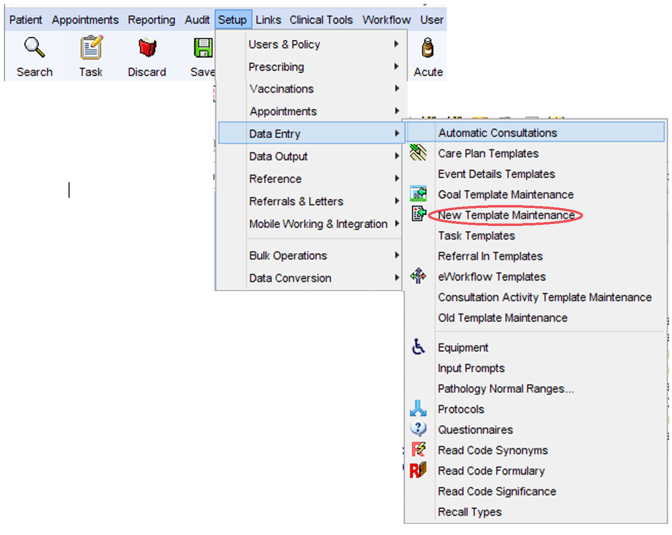 Screenshot of TPP SystmOne Read Code Browser showing New Template Maintenance option to amend templates