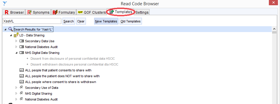 Screenshot of TPP SystmOne Read Code Browser showing search within templates tab for read code XaaVL