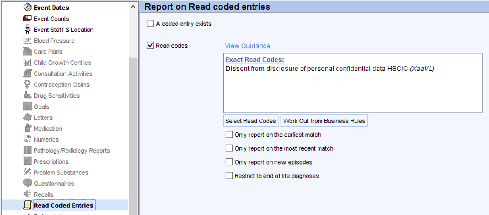 Screenshot of TPP SystmOne Read Code Browser showing read code report settings