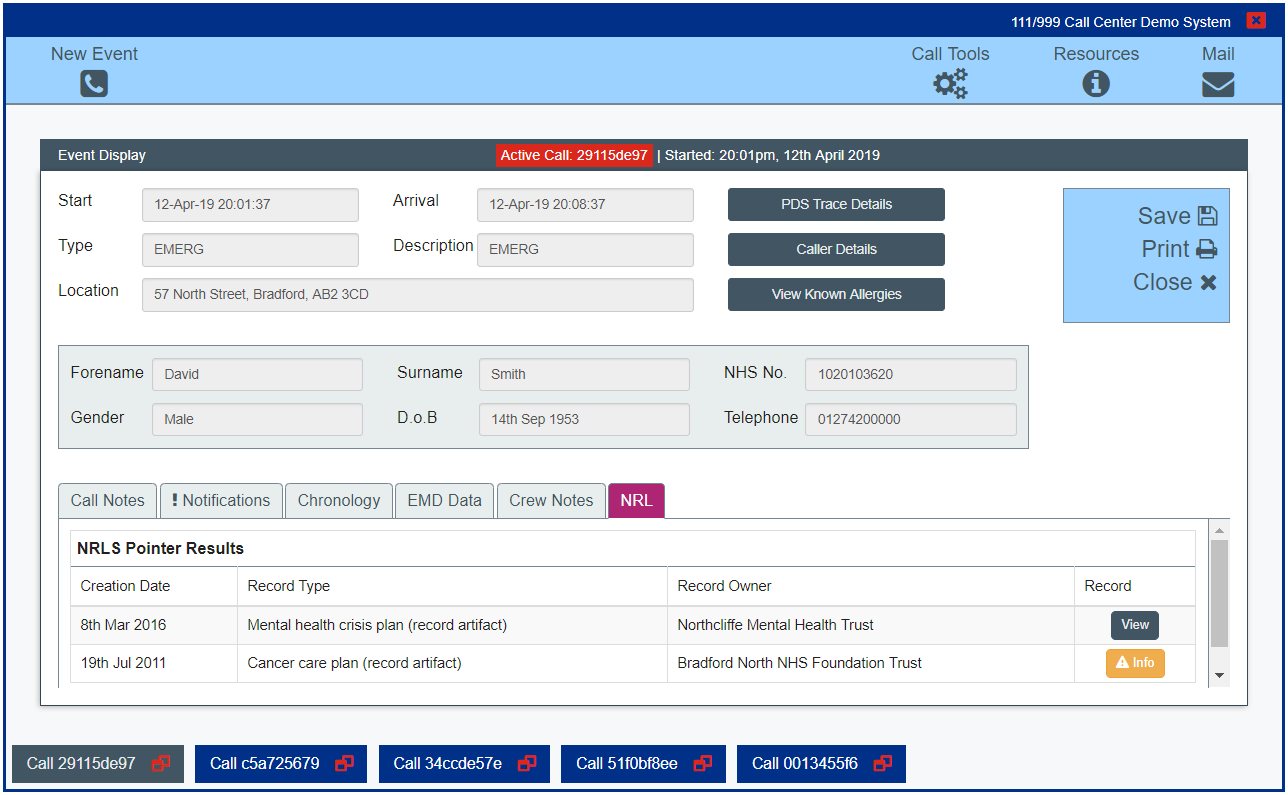 screen short showing NRL pointers within a call centre screen