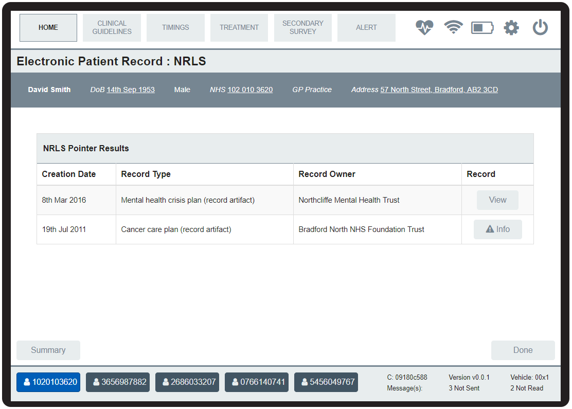 screen shot of the National Record Locator pointers within a paramedic screen