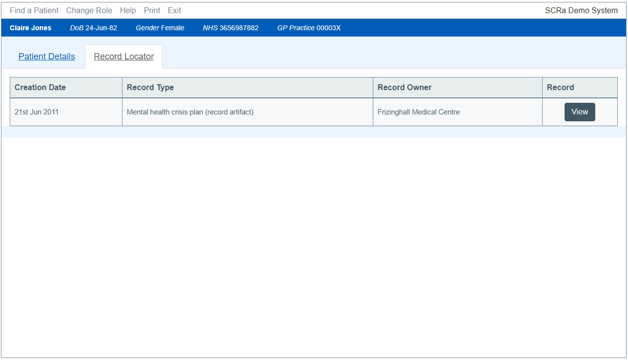 screen shot of the National Record Locator pointers within a SCRa screen