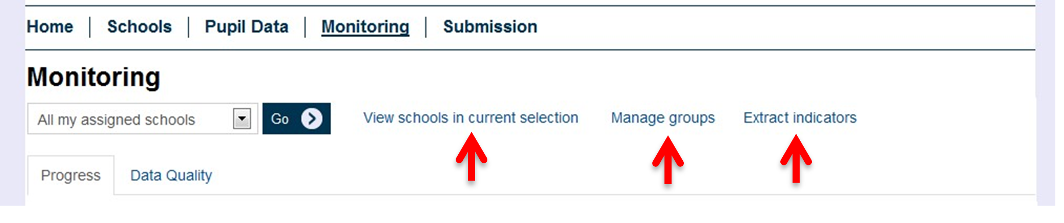 NCMP monitoring screen with view schools in current selection and manage groups and extract indicators highlighted