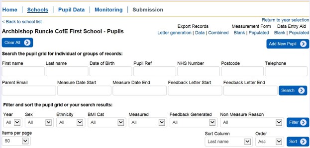NCMP screen shot of school search school by pupil grid or groups of records screen.