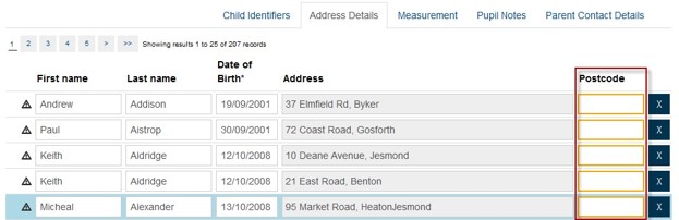 NCMP screen of all pupils form schools with blank postcodes