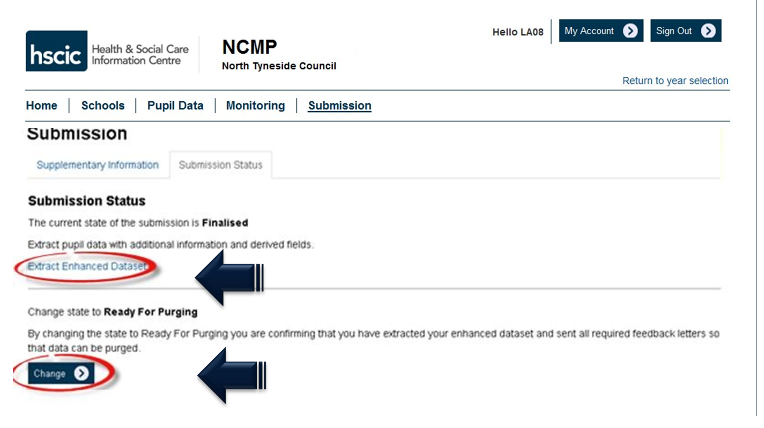 NCMP submission screen with submission status extract enhanced dataset and change highlighted