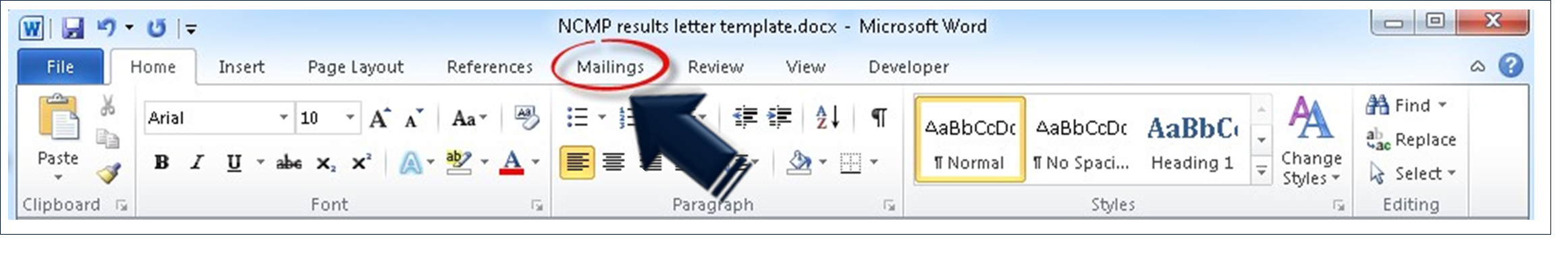 Microsoft word ribbon with headings highlighted