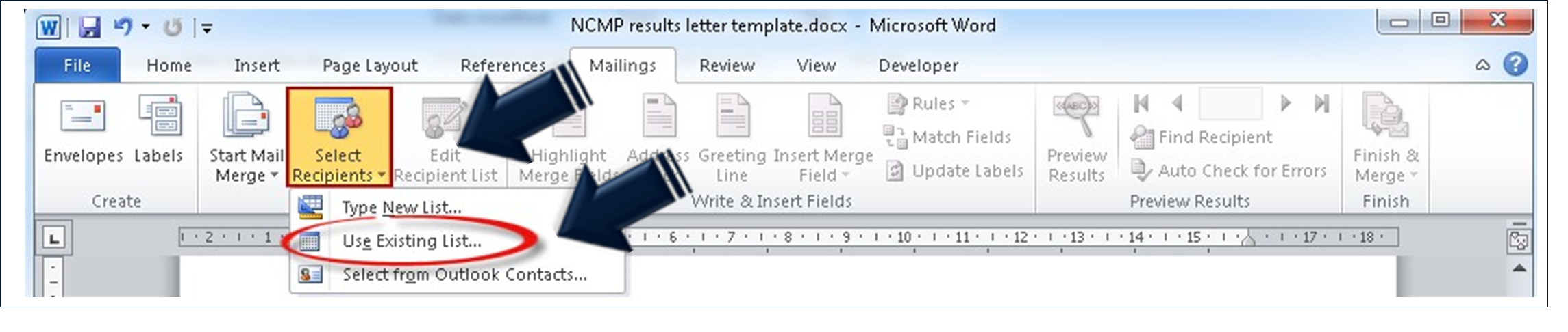 Microsoft word ribbon with select recipients highlighted