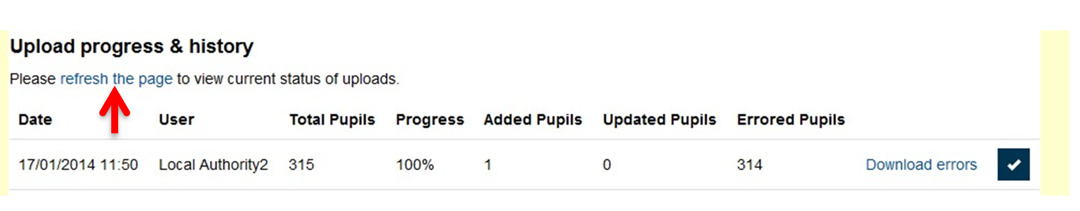 NCMP upload progress and history page image