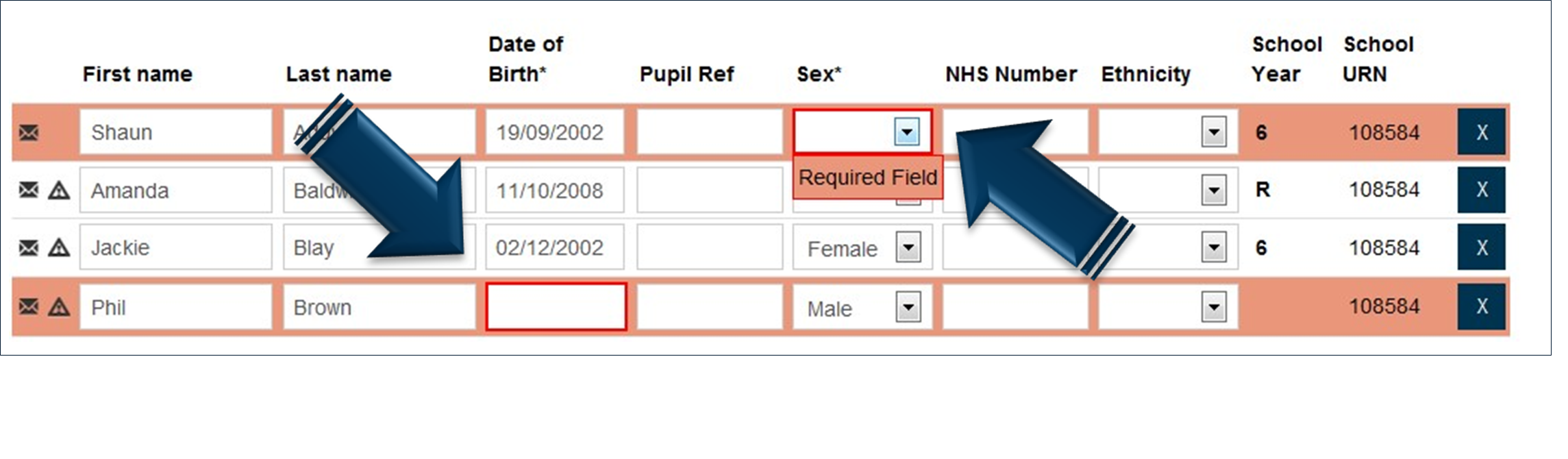 Missing mandatory data screen