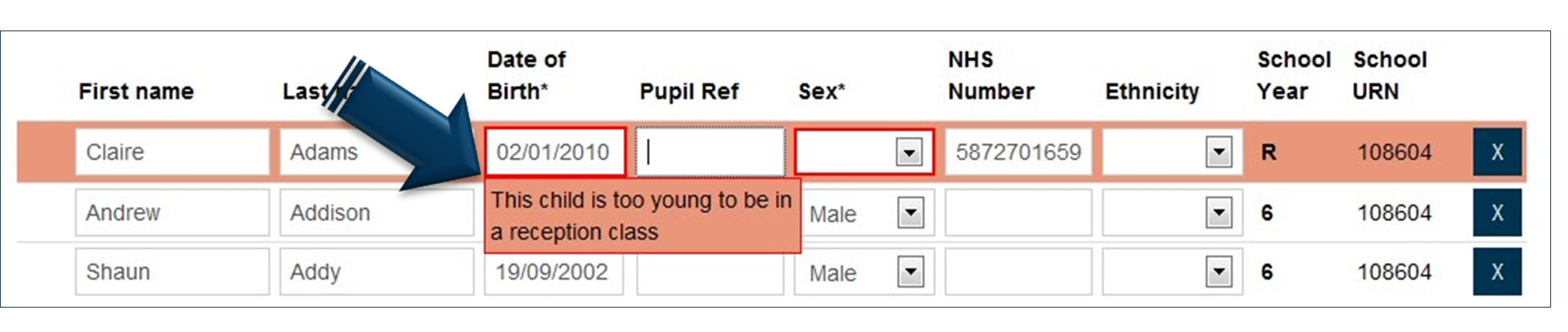 Date of birth is too young for Reception
