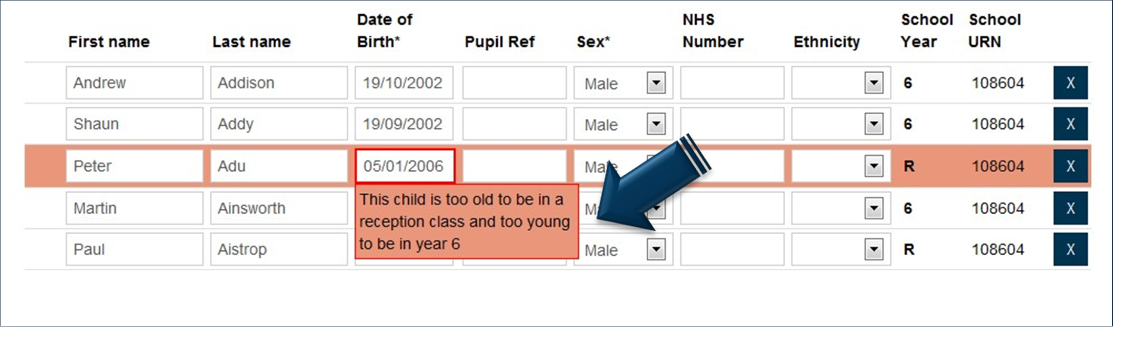 Date of birth is too old for Reception and too young for Year 6