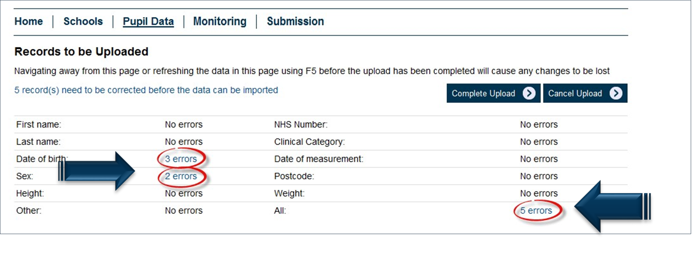 Records to be uploaded showing records to be corrected before the data can be imported.