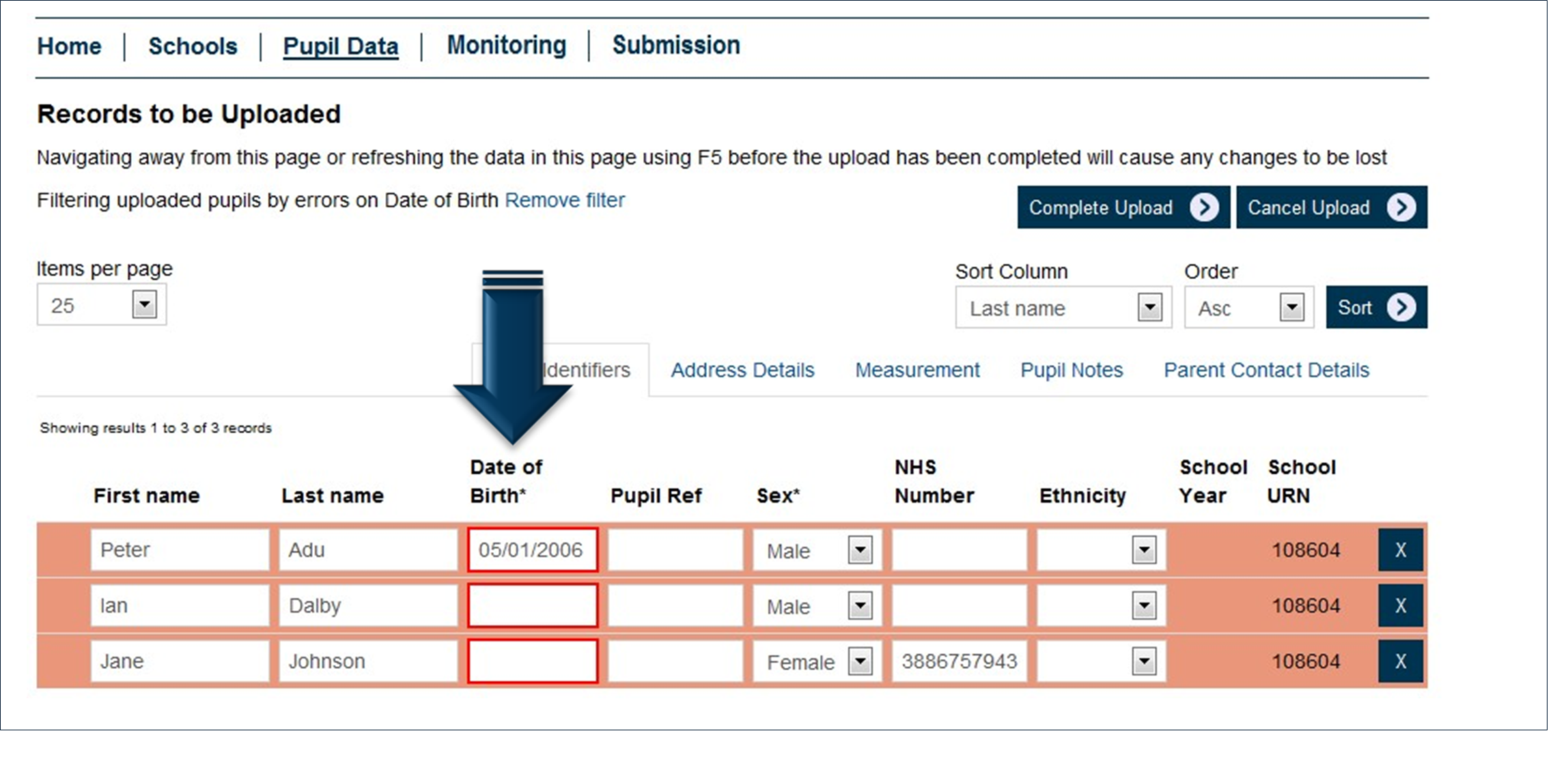 Records to be uploaded screen.